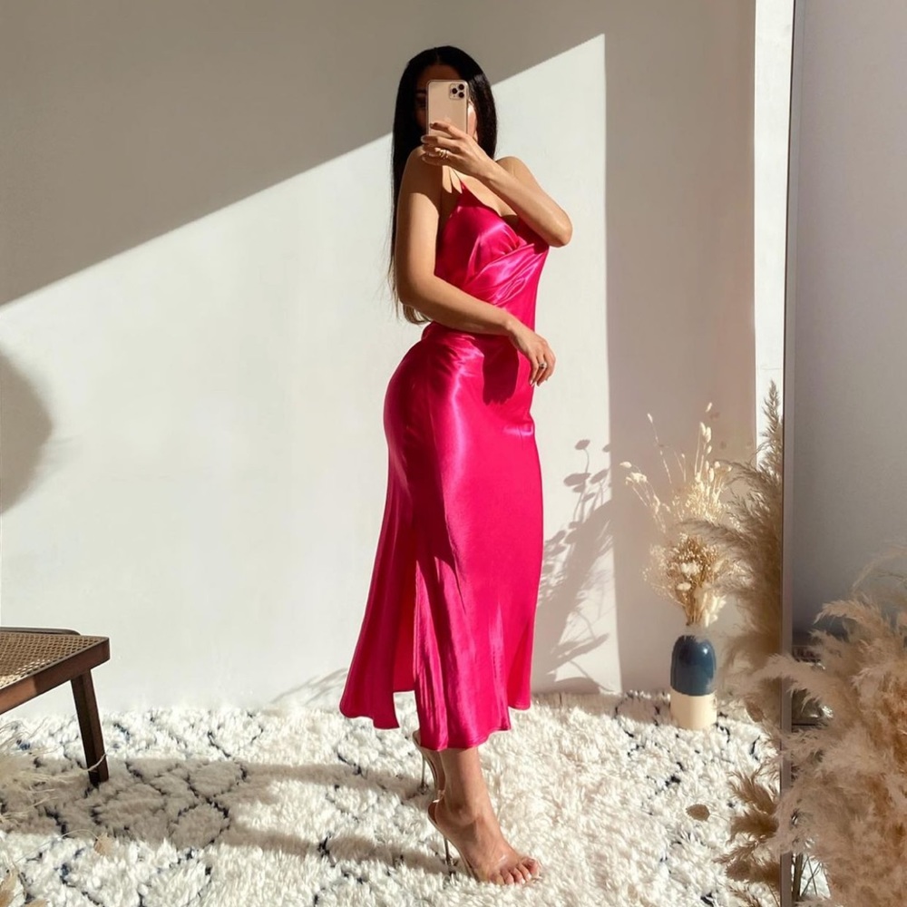 ZARA BLOGGERS FAV SATIN DRAPED DRESS PINK - Picture 12 of 14